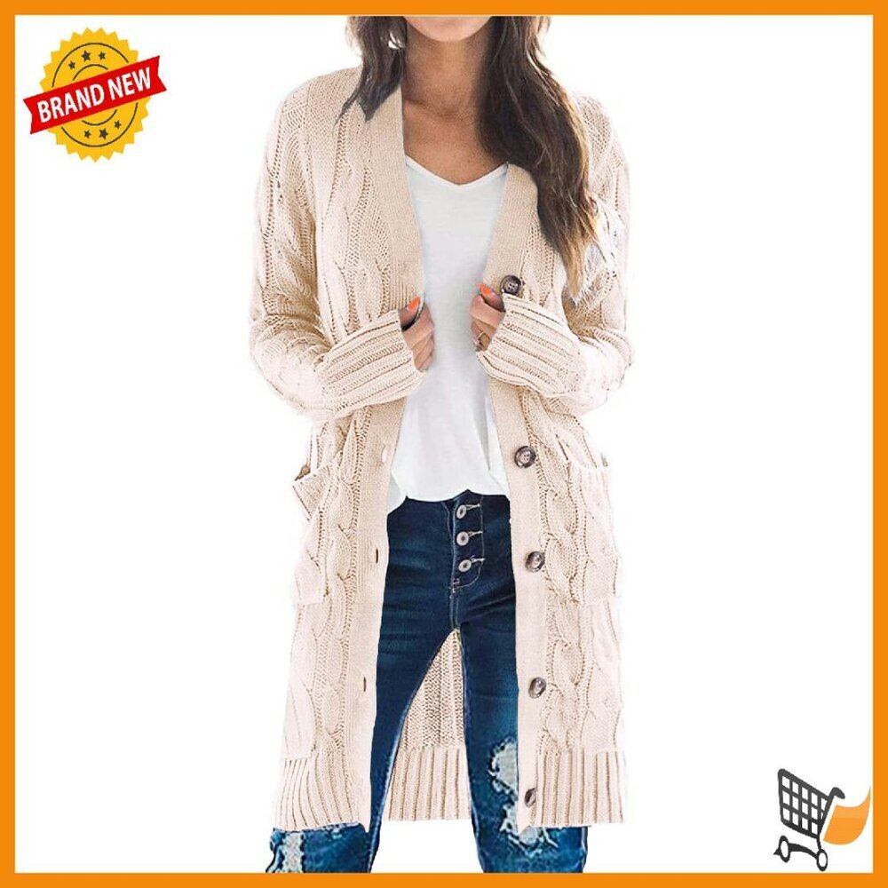 Long Sleeve Cable Knit Cardigan with Pockets Chunky Open Front
